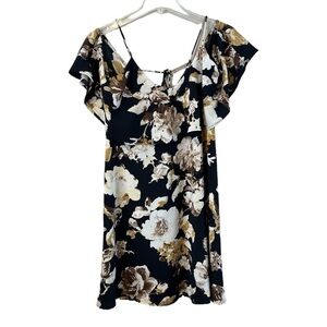 ILLA ILLA cold shoulder mini dress ties in back black with cream flowers size L